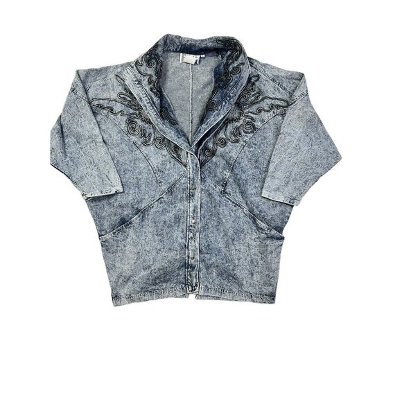 Vtg 80s Acid Washed Embellished Large Jean Jacket Streetwear Fly Oversize USA - Picture 6 of 16